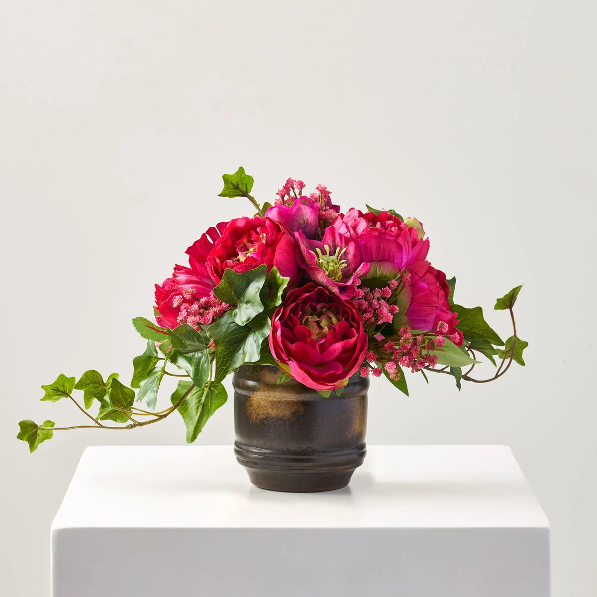 50 Shades of Fuchsia - Peony, Poppy & Hellebores Arrangement in Gold Rustic Metal Pot