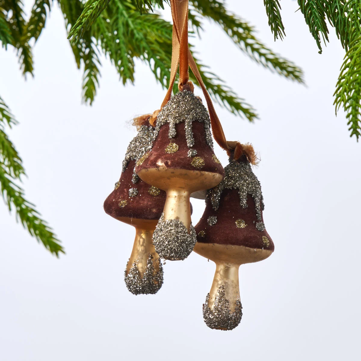 Acorn Brown Glittered Triple Glass Hanging Mushroom Ornament - Set of 3
