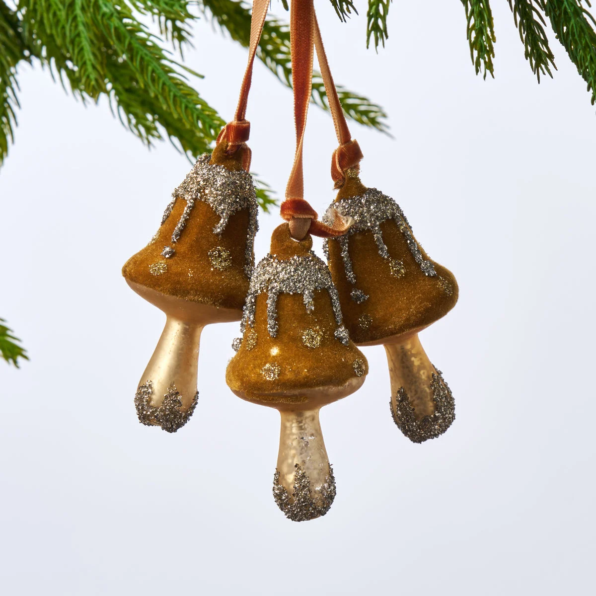 Aged Moss Brown Glittered Triple Glass Hanging Mushroom Ornament - Set of 3