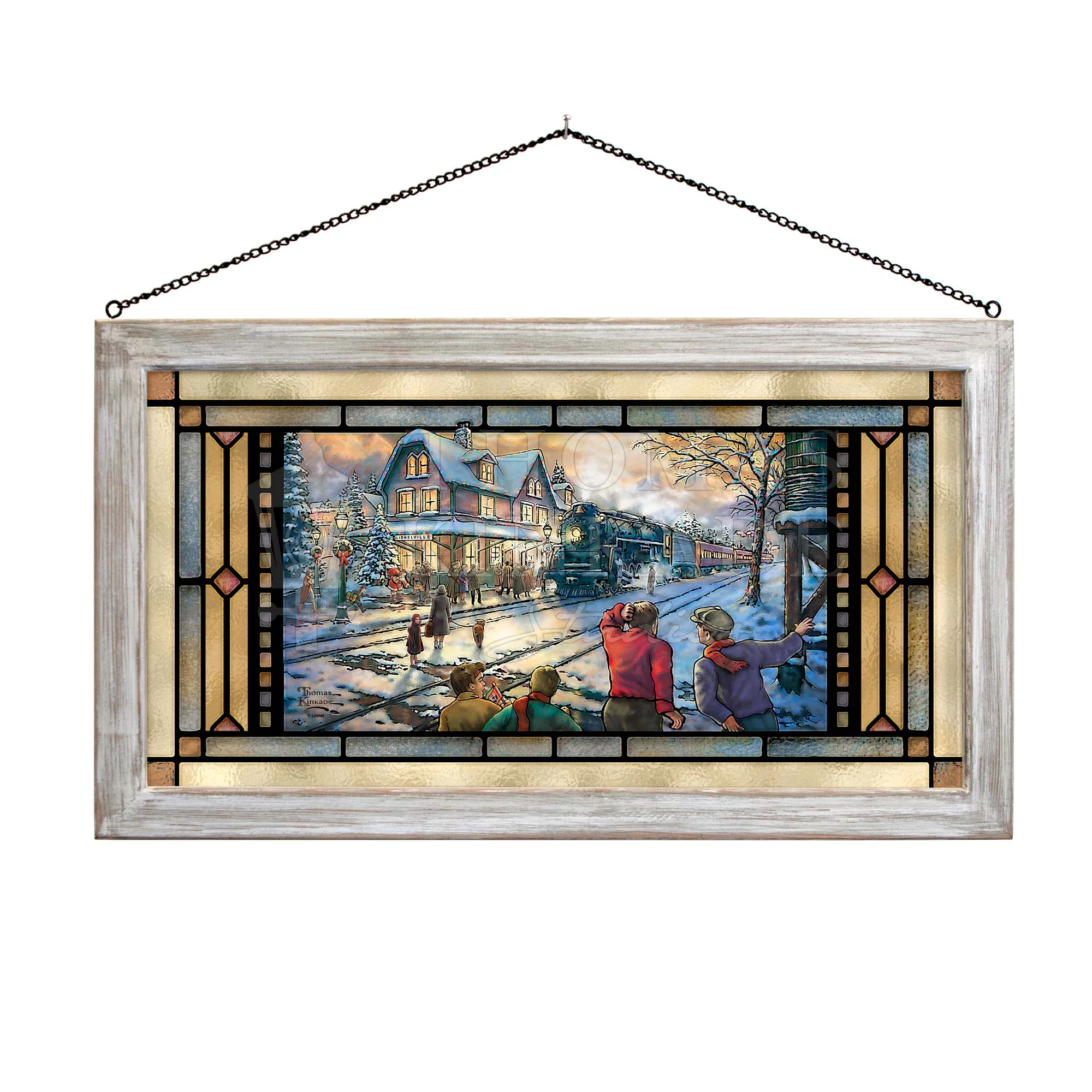All Aboard for Christmas - 13" x 23" Framed Glass Art (White Frame)