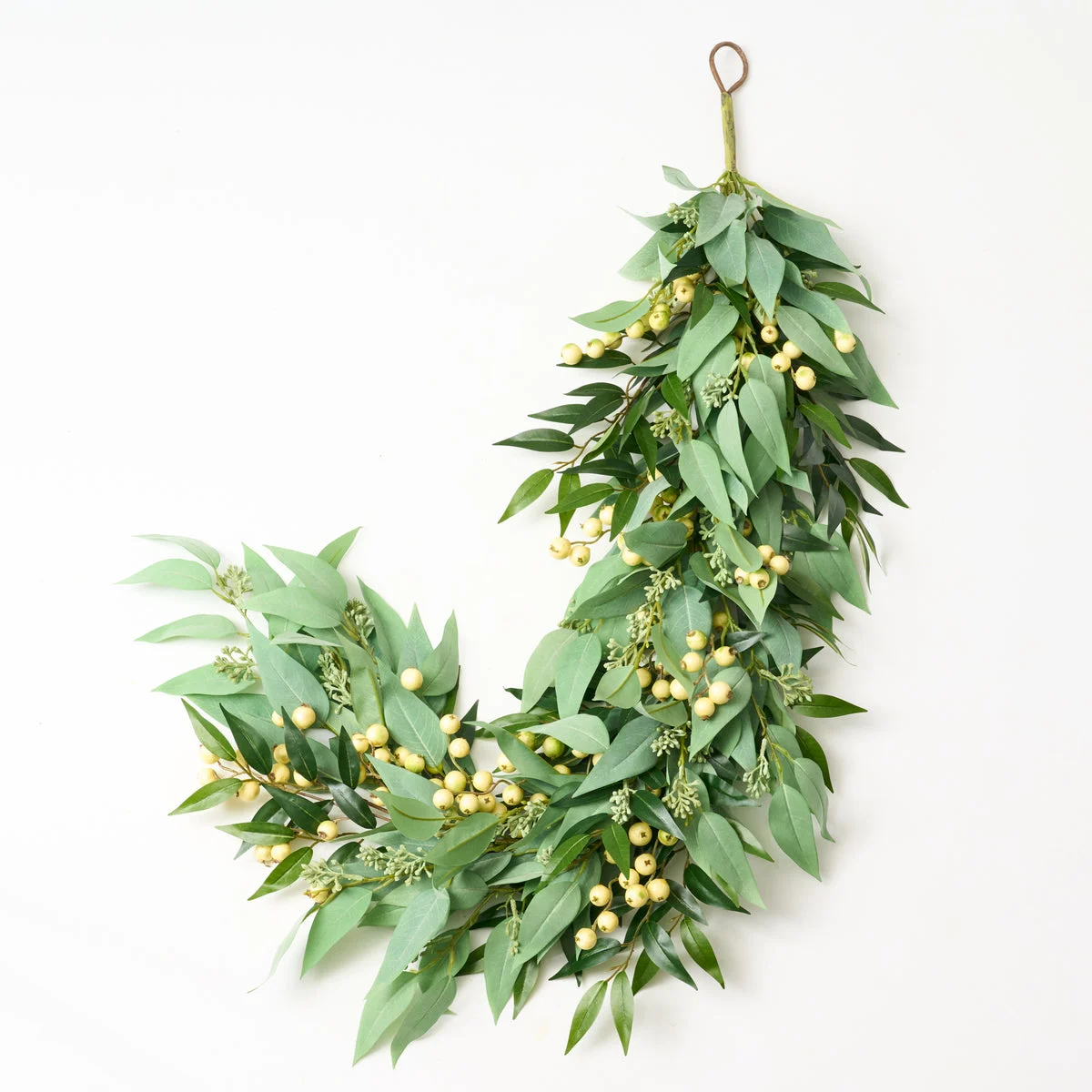 All Seasons Faux Blade Eucalyptus, Green Smilax & Cream Green Gooseberries Mantle Garland Everyday Greenery Table Runner