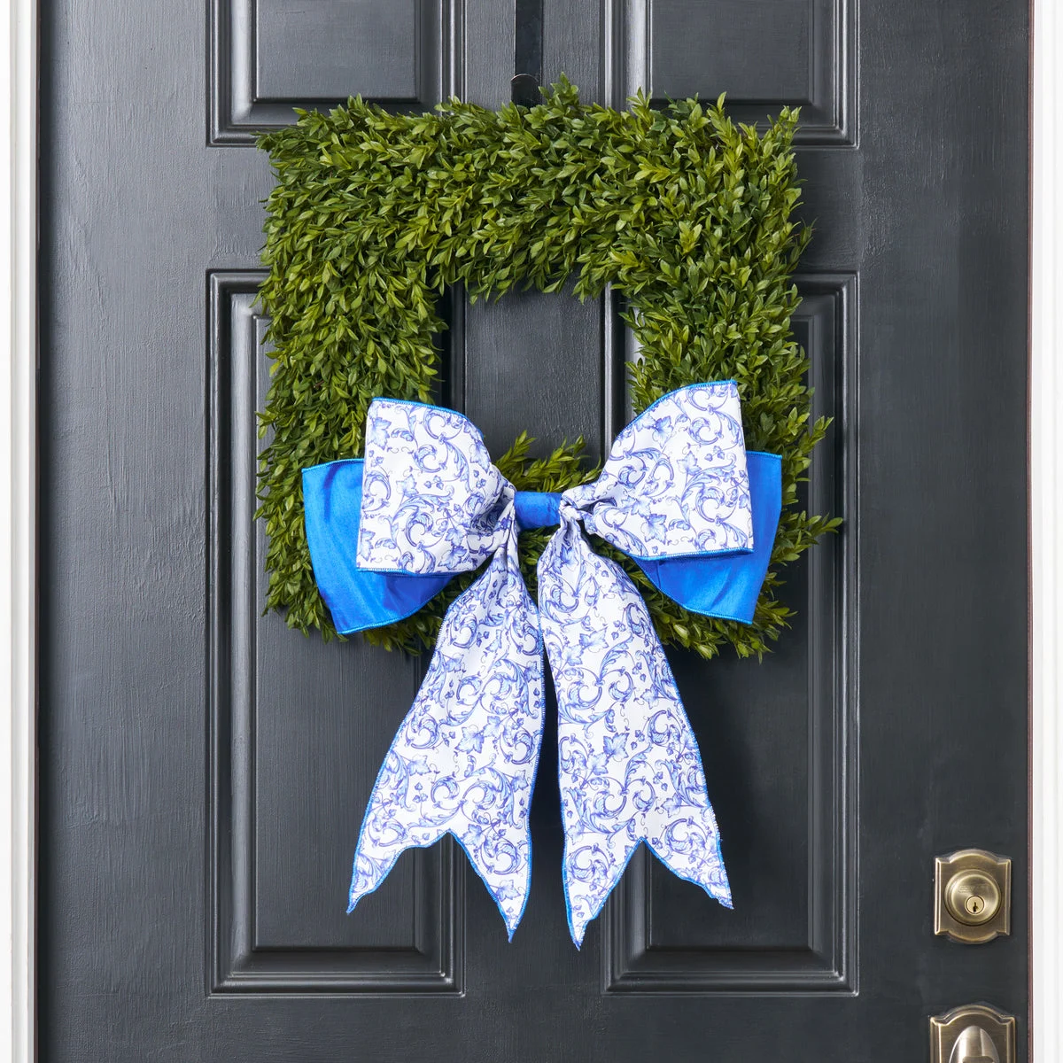 All Seasons Square Boxwood Everyday Wreath with Blue Chinoiserie Bow