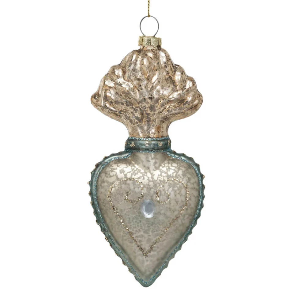 Aqua With Silver Finish Mercury Glass Sacred Heart Ornament
