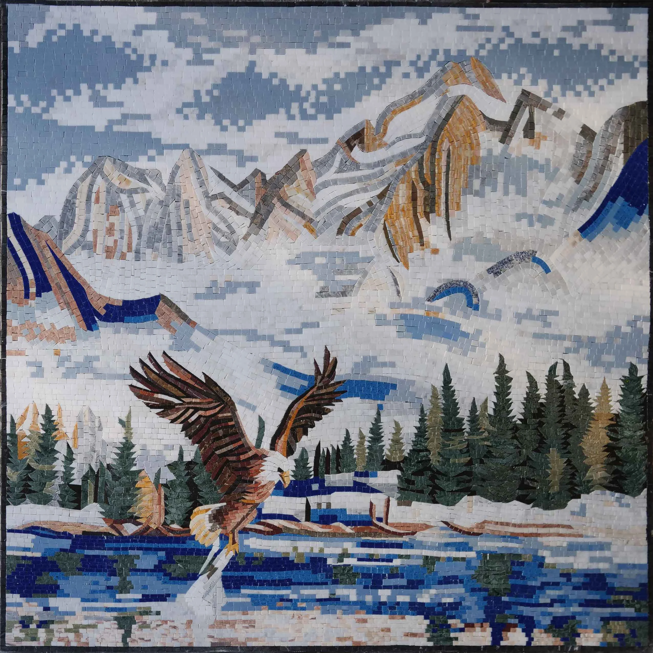 Ascending Eagle in Mountain Scenery - Luxury Handcrafted Marble Mosaic Art