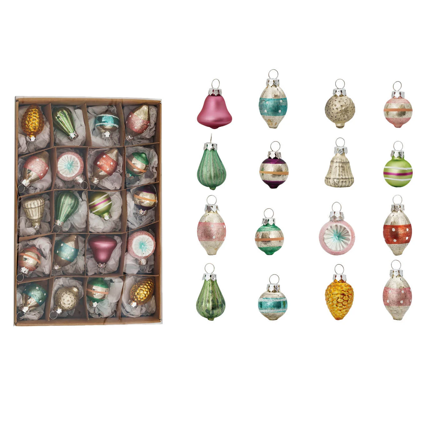 Assortment Of Hand-Painted Vintage Glass Ornaments Boxed Set/20