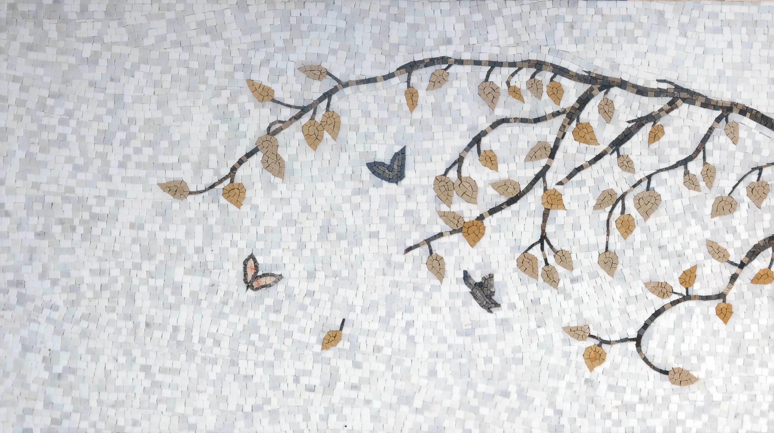 "Autumn Branch " Natural Stone Floral Mosaic Tile - Tree Branch and Butterfly Wall Art