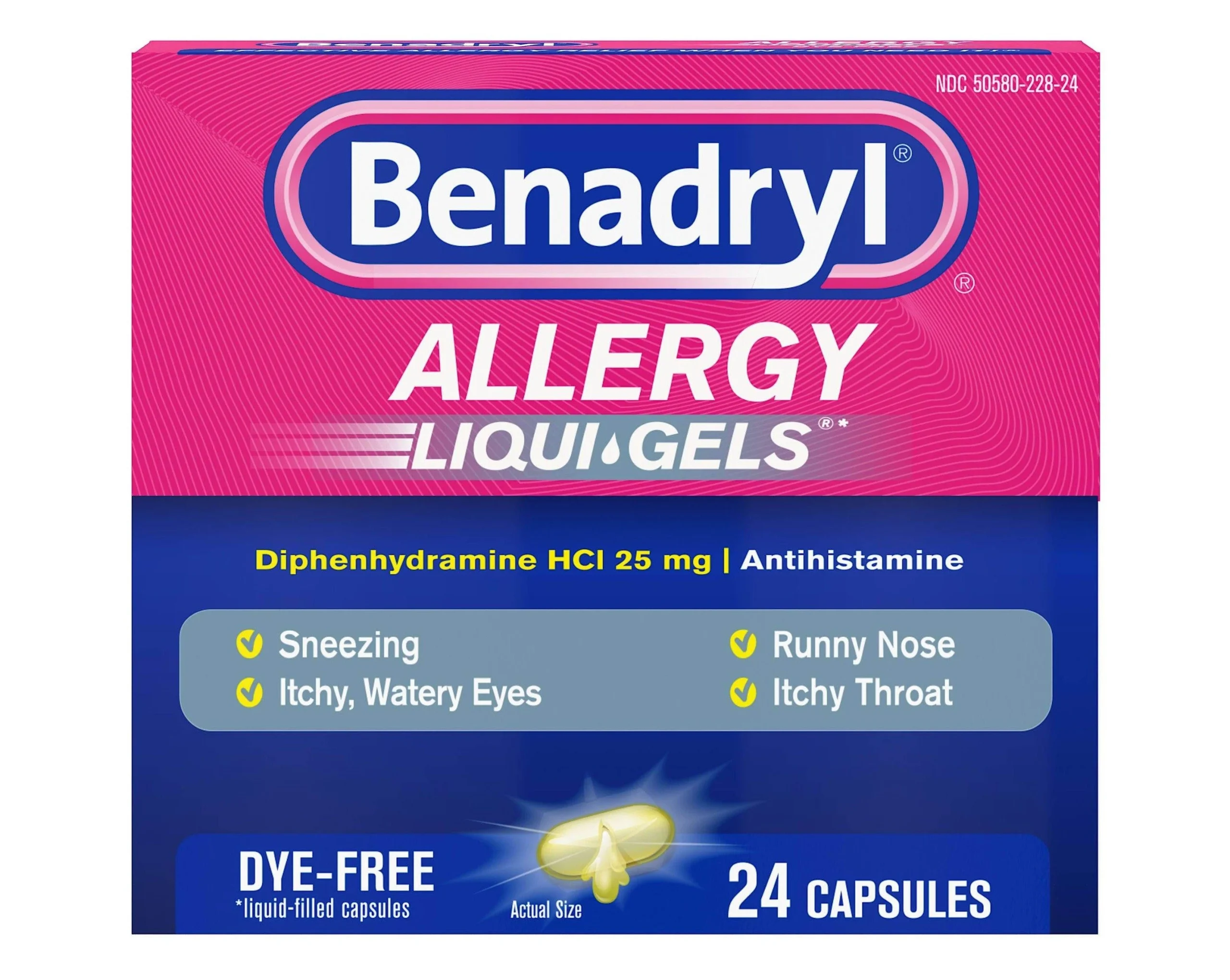 Benadryl Allergy LIQUI-GELS Antihistamine Drug, Dye-Free (24 Count)