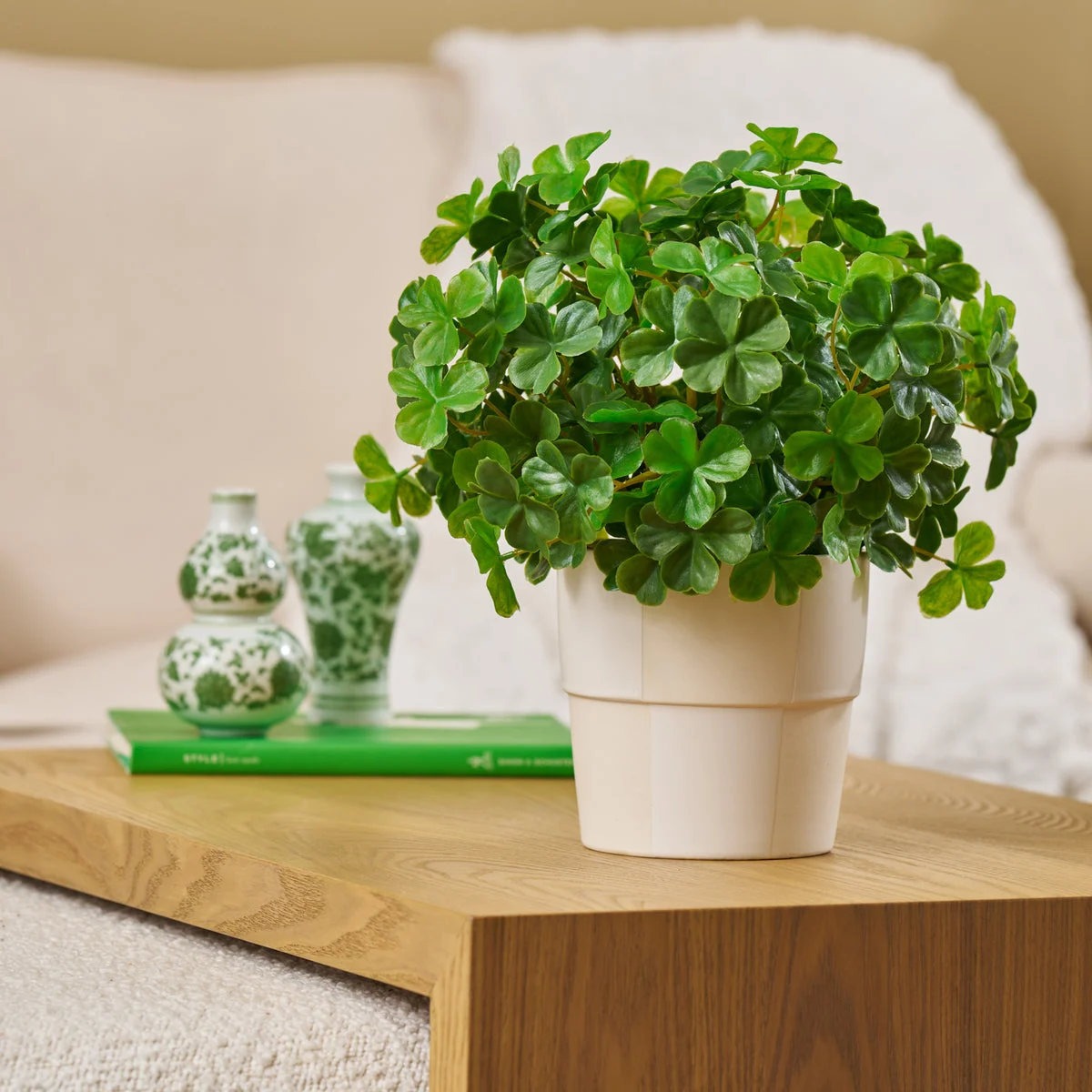 A Bit of Luck - Lifelike Faux Shamrock Clover in Checkerboard Ceramic Pot Artificial Plant St. Patrick's Day Spring Arrangement