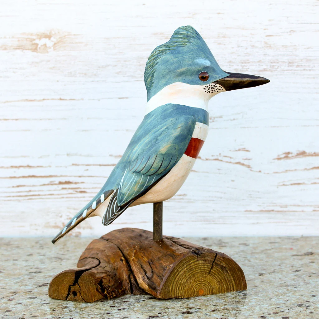 Blue Male Kingfisher Bird Life Sized Perched on Wood Stand - Hand Carved Wood Bird