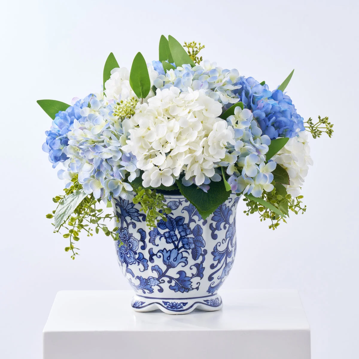Blue & White Hydrangea Everyday Floral Arrangement Centerpiece In Porcelain Chinoiserie Jardiniere Pot