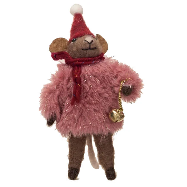 Brown Wool Felt Christmas Mouse With Faux Fur Sweater