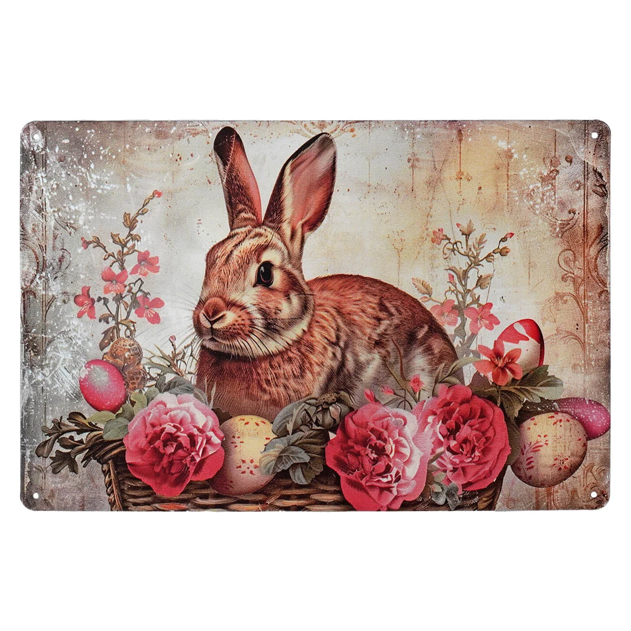 Bunny Laying In Basket Surrounded By Pink Flowers & Easter Eggs Metal Sign