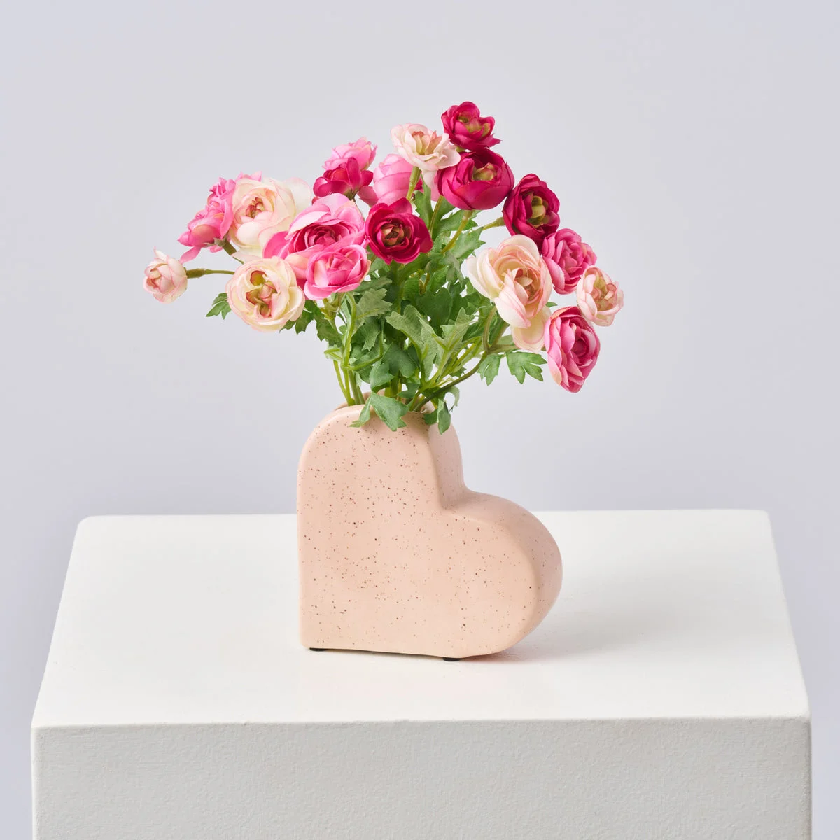 Bursting With Love - Mixed Pink Fuchsia Mini Ranunculus in Pink Heart Budvase Valentine's Day Spring Arrangement