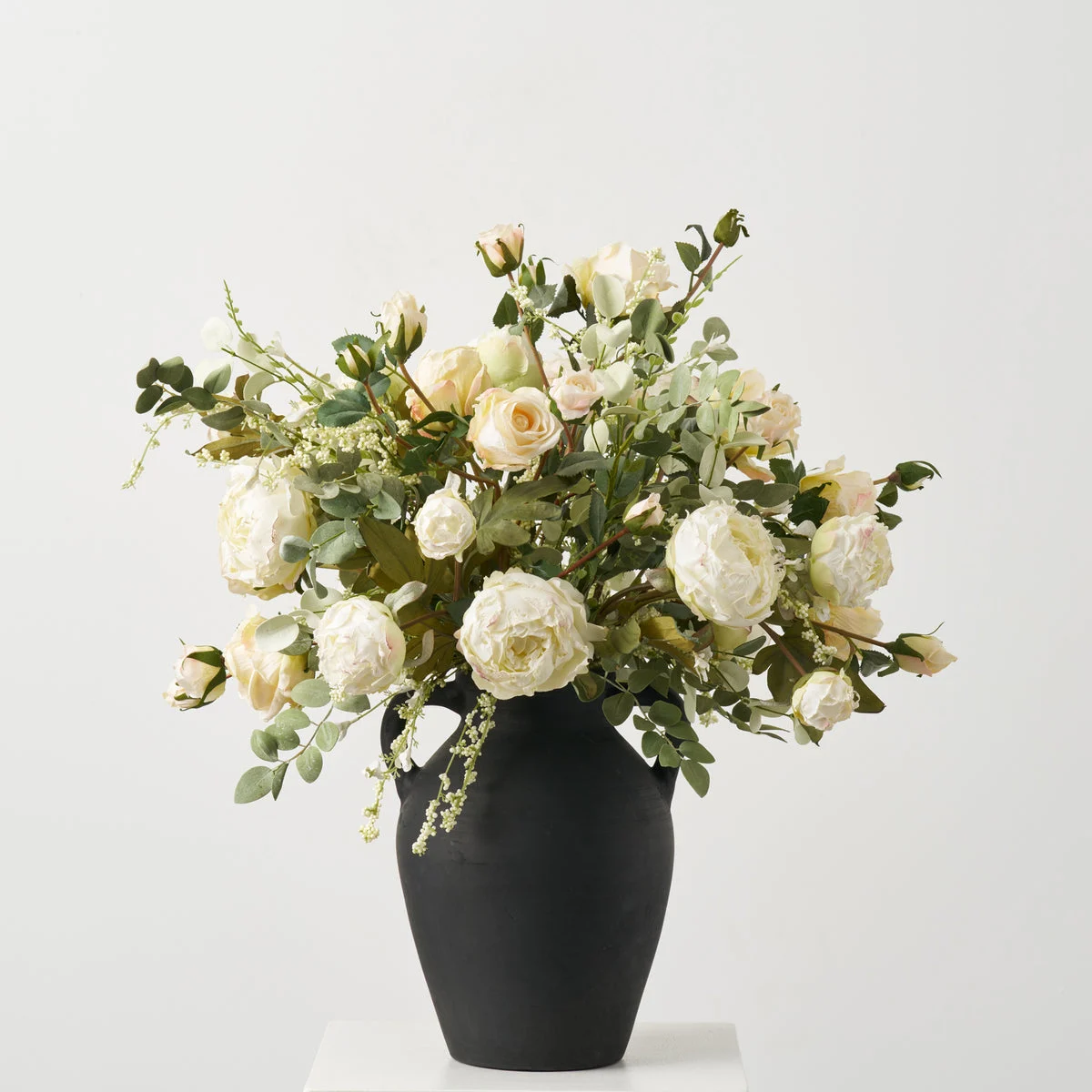 Chateau Blooms - Dried Look Cream Peony & Beige Rose with Italian Ruscus in Large Black Clay Jug Vase Everyday Centerpiece Arrangement