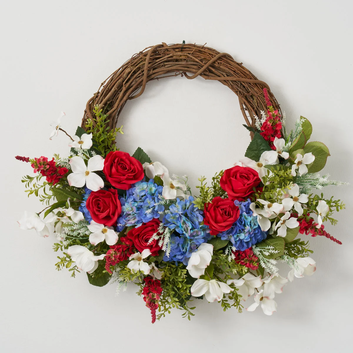 Classic Americana - Red Rose, Blue Hydrangea & White Dogwood Patriotic Summer Front Door Wreath