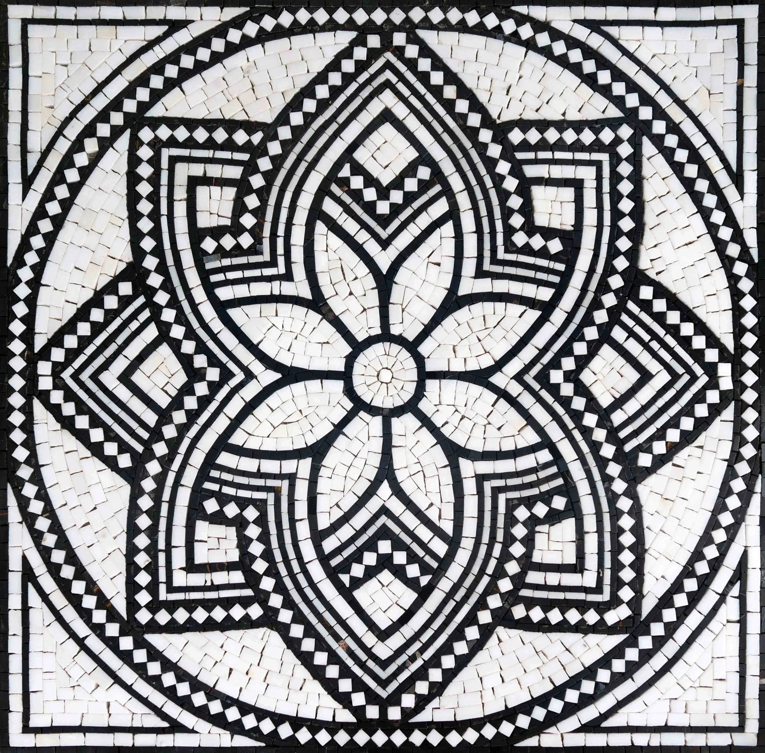 Complex Black and White Geometric Mosaic Floral Pattern