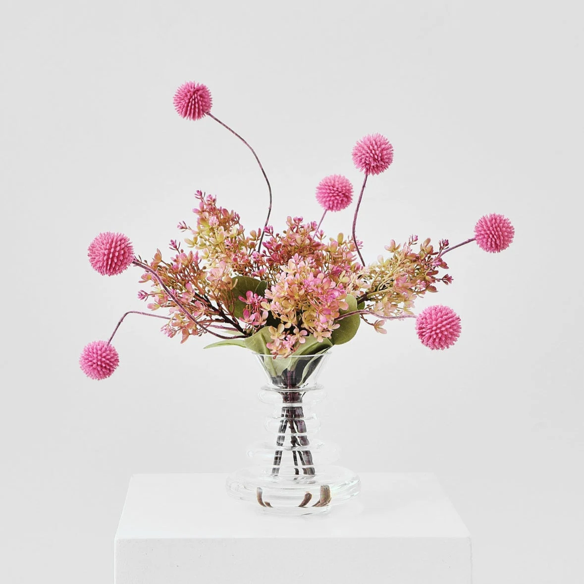 Cupid's Choice - Pink Lilacs & Whimsical Billy Button in Layered Vase Spring Water Illusion Flower Arrangement