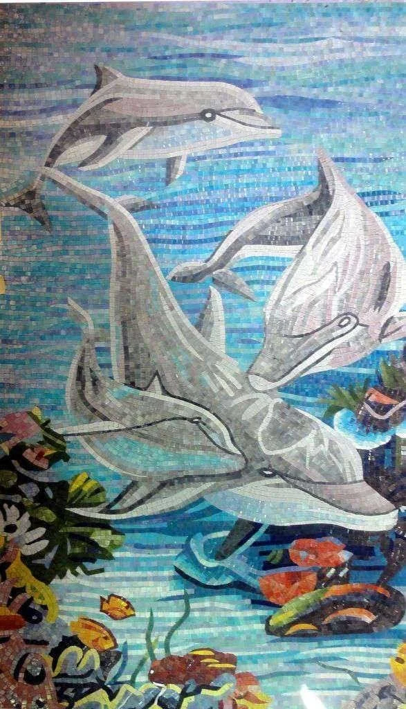 Dolphins Playing in the Sea - Glass Mosaic