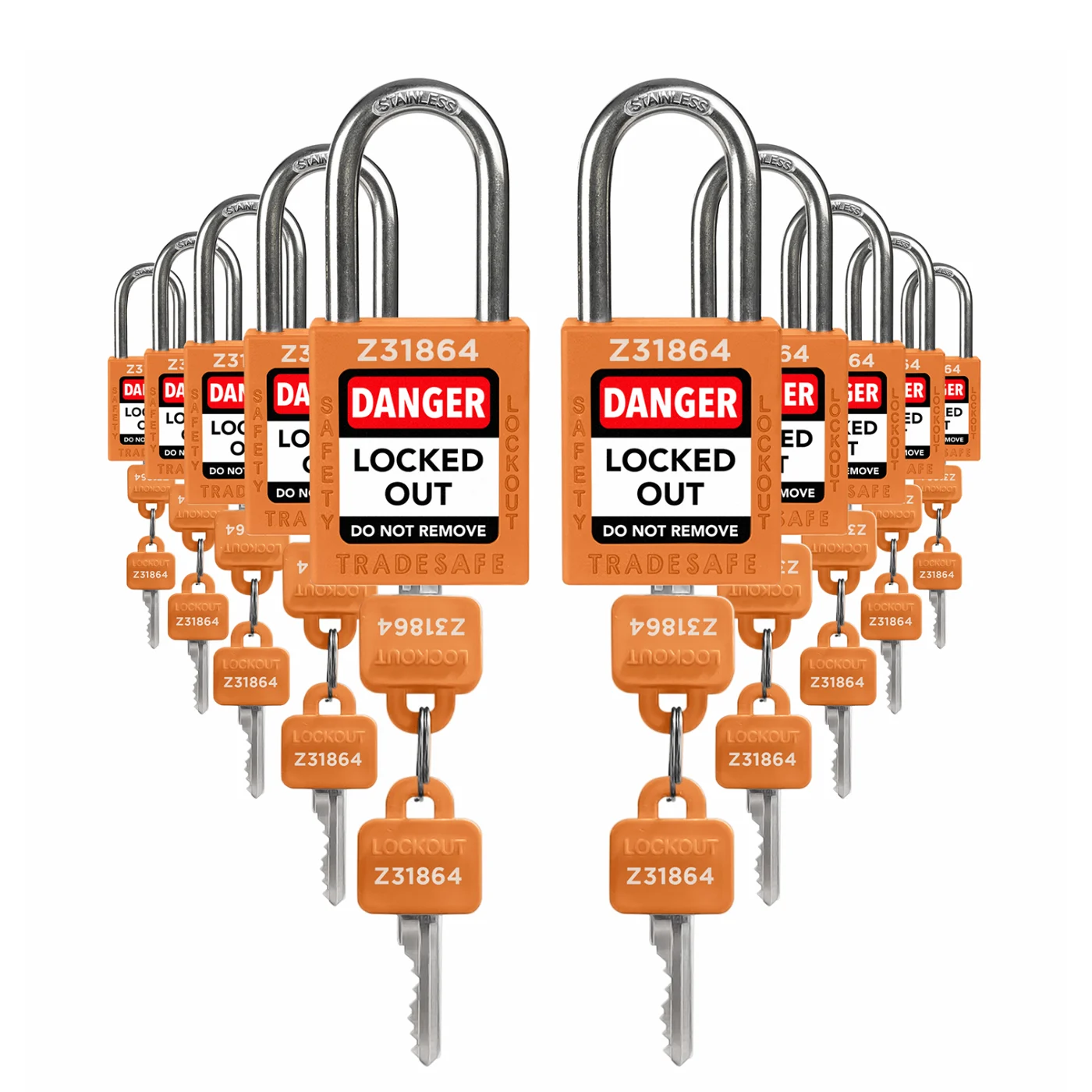 Keyed Alike Lockout Locks - 10 Orange Padlocks - 2 Keys Per Lock