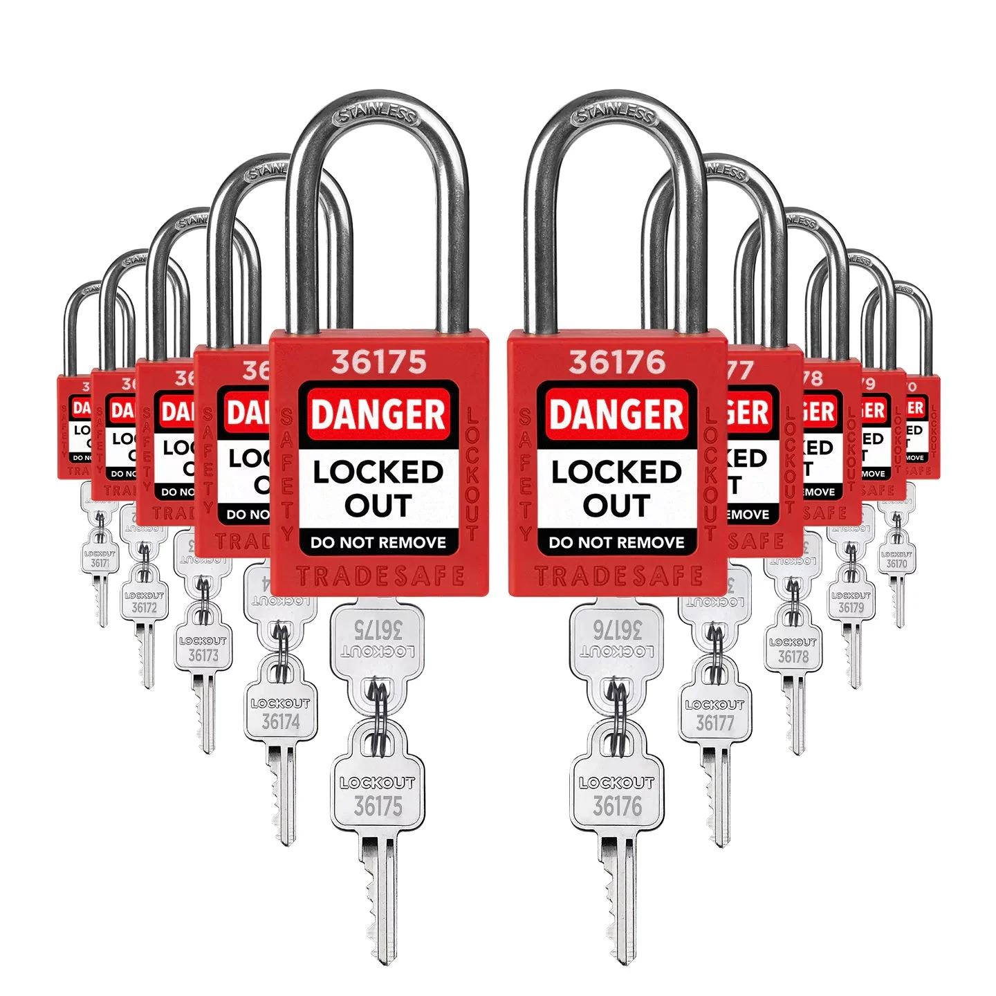 Keyed Different Lockout Locks - 10 Red Padlocks - 2 Keys Per Lock