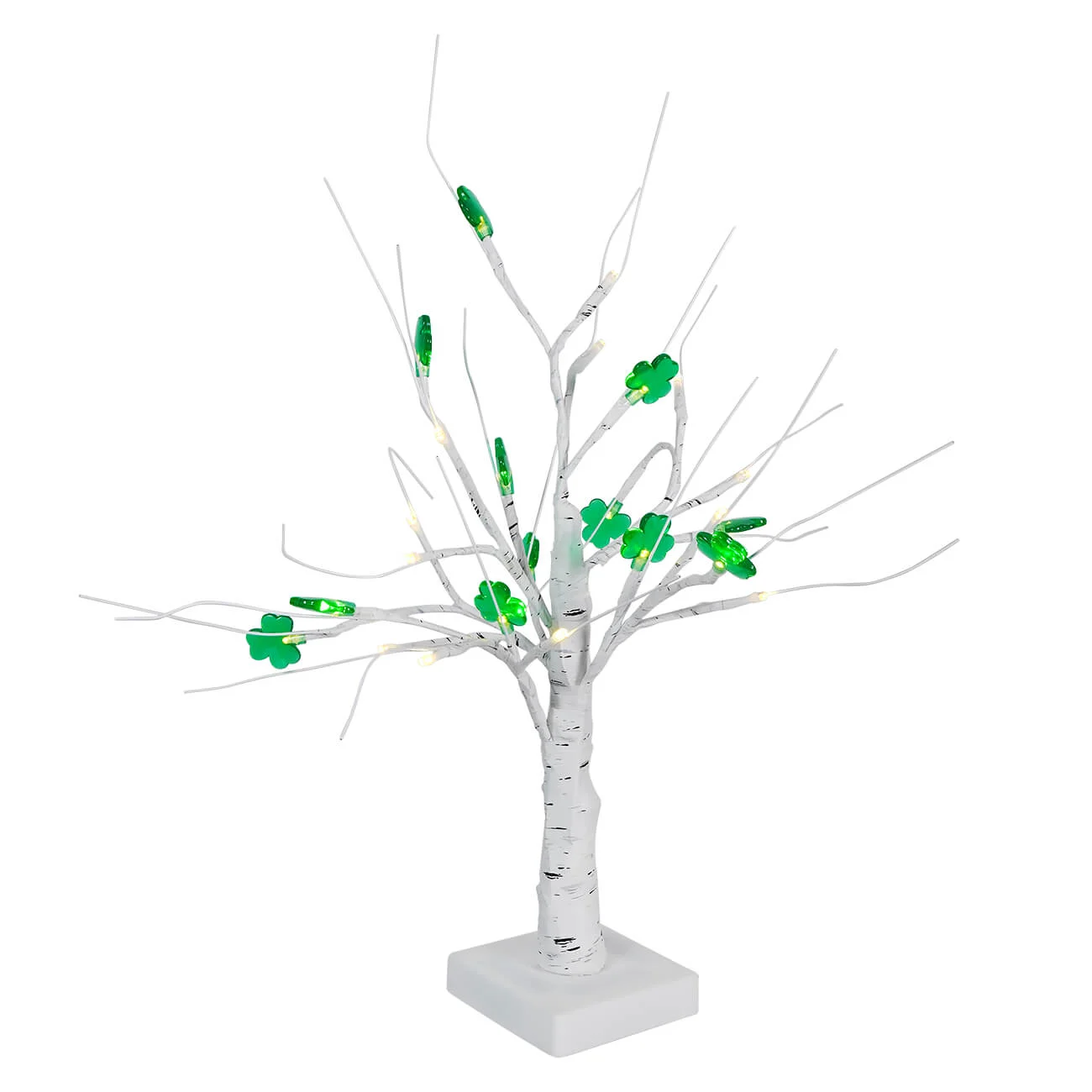 Lighted White St. Patrick's Day Tree With Green Shamrock LED Lights
