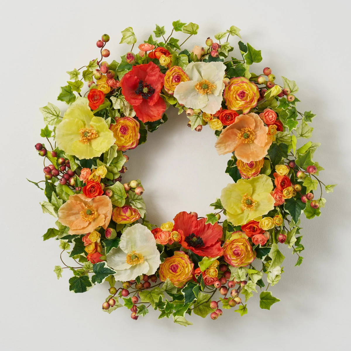 Orange Blooms - Poppy, Ranunculus & Gooseberry Spring Summer Front Door Wreath