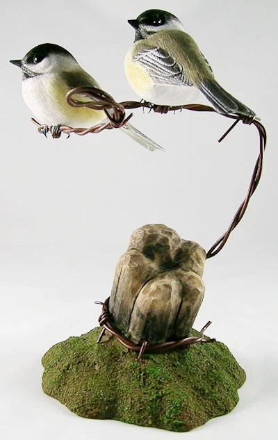Pair of Black-capped Chickadees - Hand Carved Wooden Bird