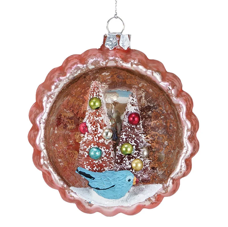 Pink Mercury Glass Blue Bird & Bottle Brush Diorama Ornament