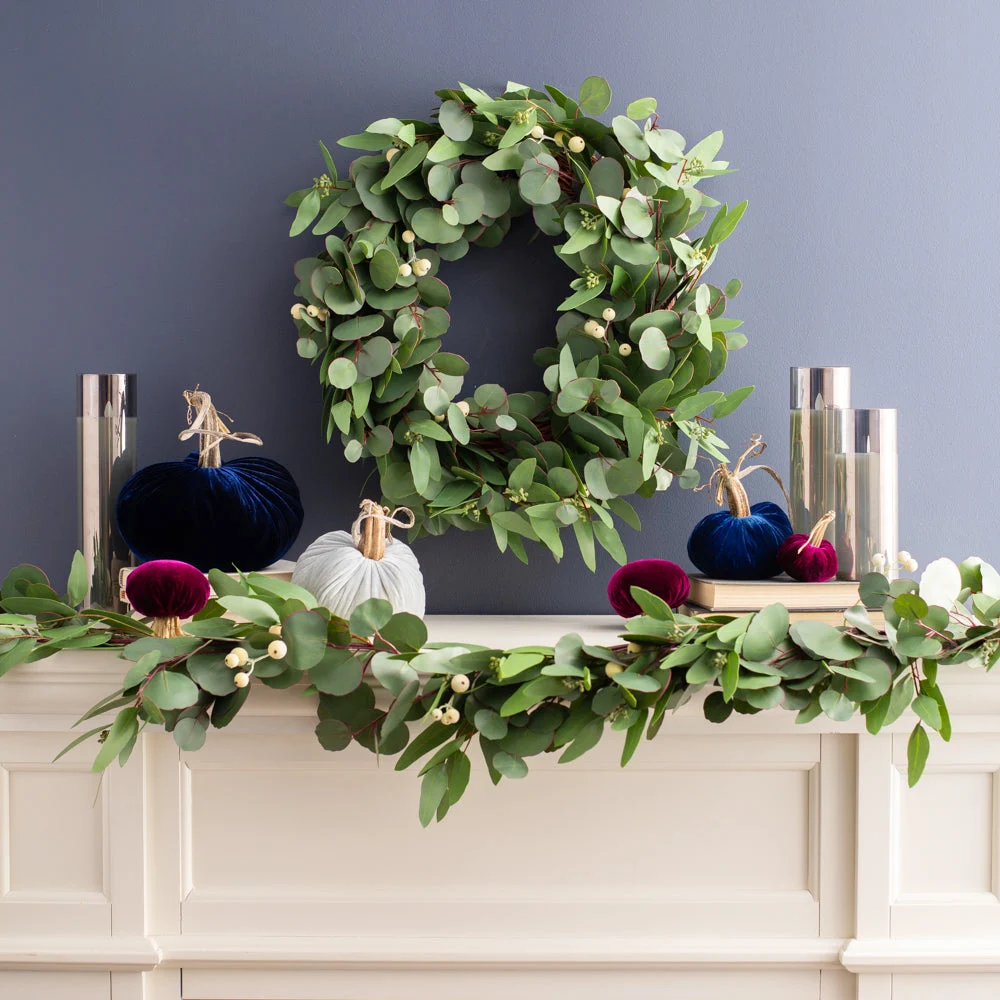 Real Touch Seeded Silver Dollar & Needleleaf Eucalyptus with Cream Berry Front Door Mantle Garland or Table Runner