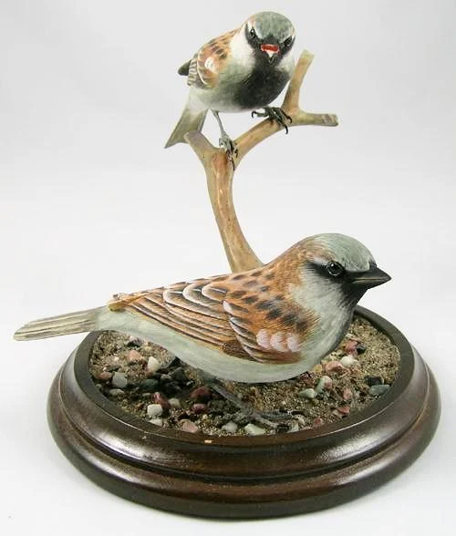 Two House Sparrows - Hand Carved Wooden Bird
