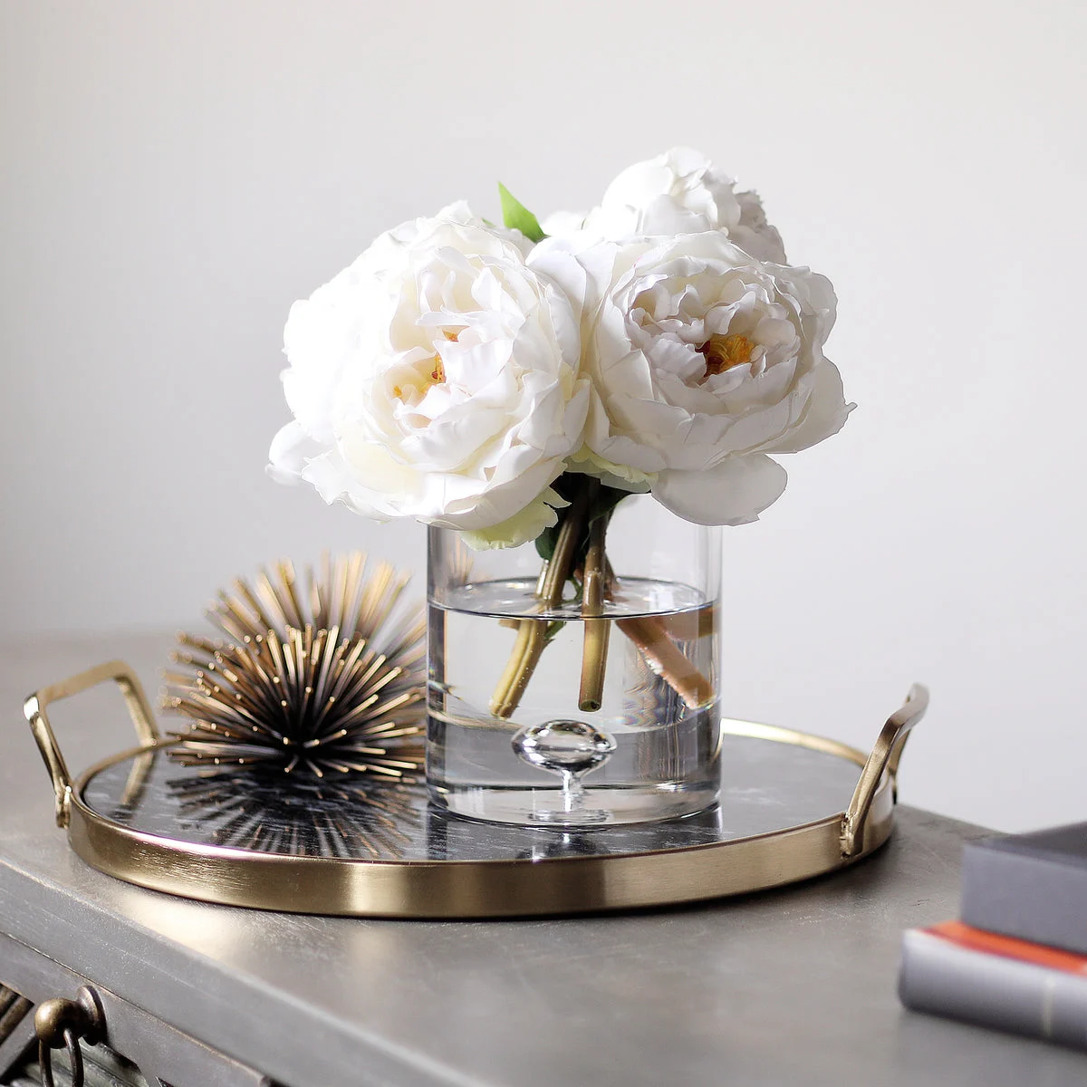 White Real Touch Peony Floral Arrangement in Clear Glass Vase
