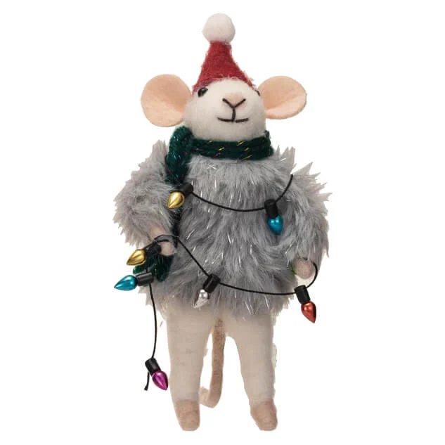 White Wool Felt Christmas Mouse With Faux Fur Sweater