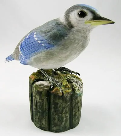 Wood Bird - Baby Blue Jay - Hand Carved Wooden Bird