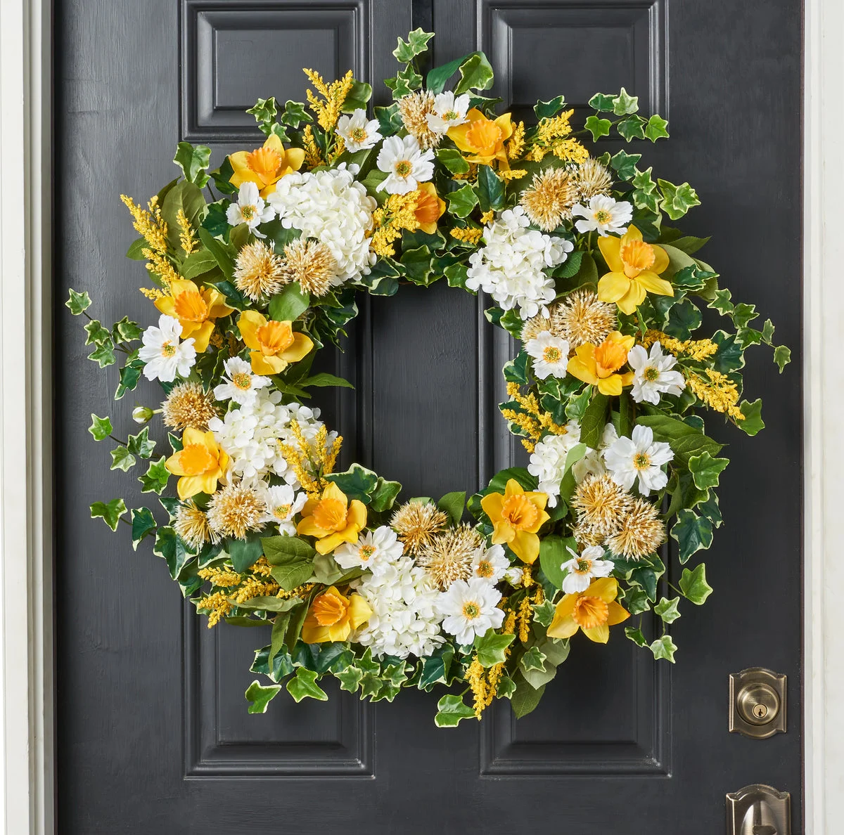 Yellow Daffodil, White Hydrangea, Wild Cosmos & Gum Tree Pods Spring Summer Front Door Wreath